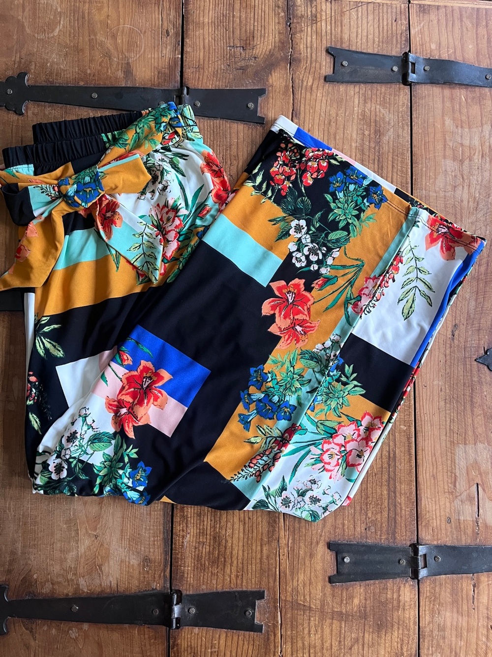 Wide Leg Floral Stripe Pants with Matching Tie Sash - Multicolor